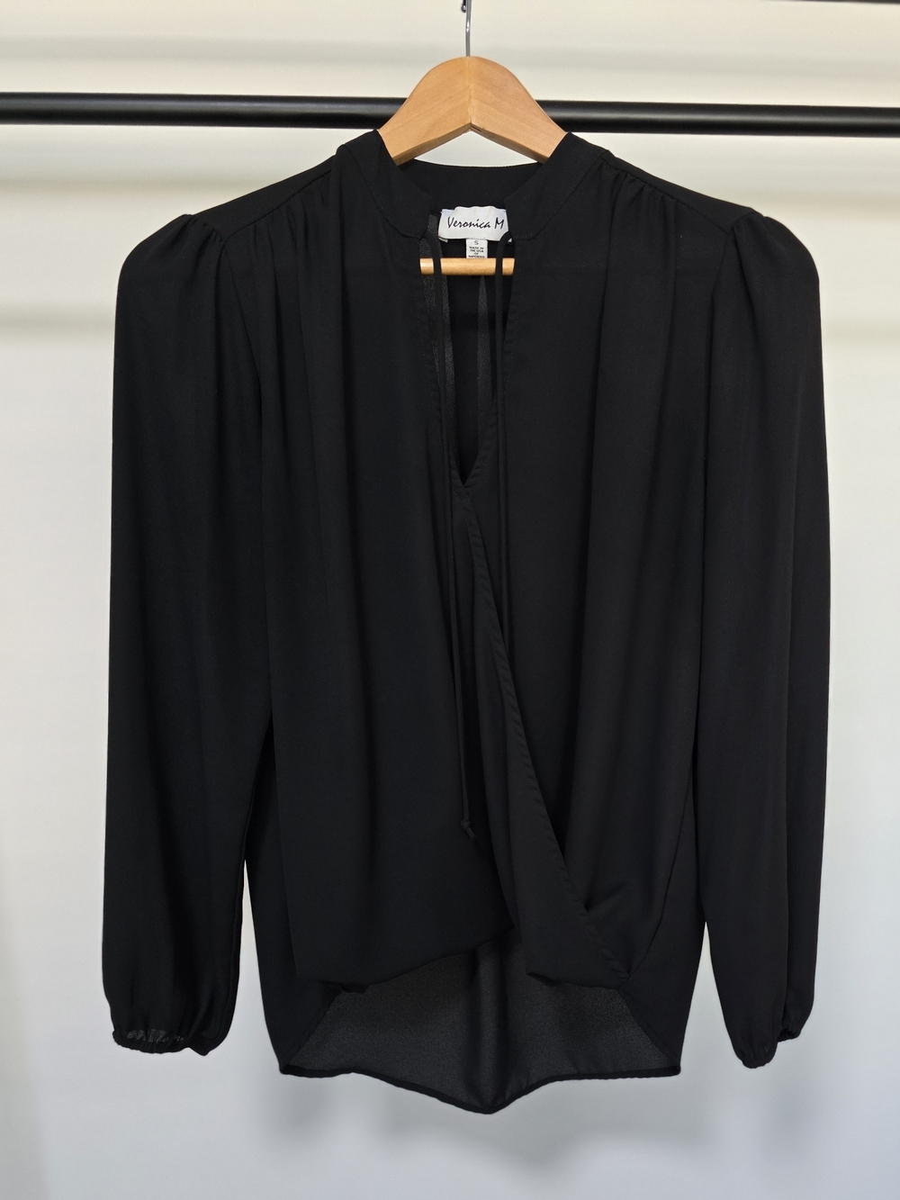 Veronica M Black Draped V-Neck Long-Sleeve Blouse